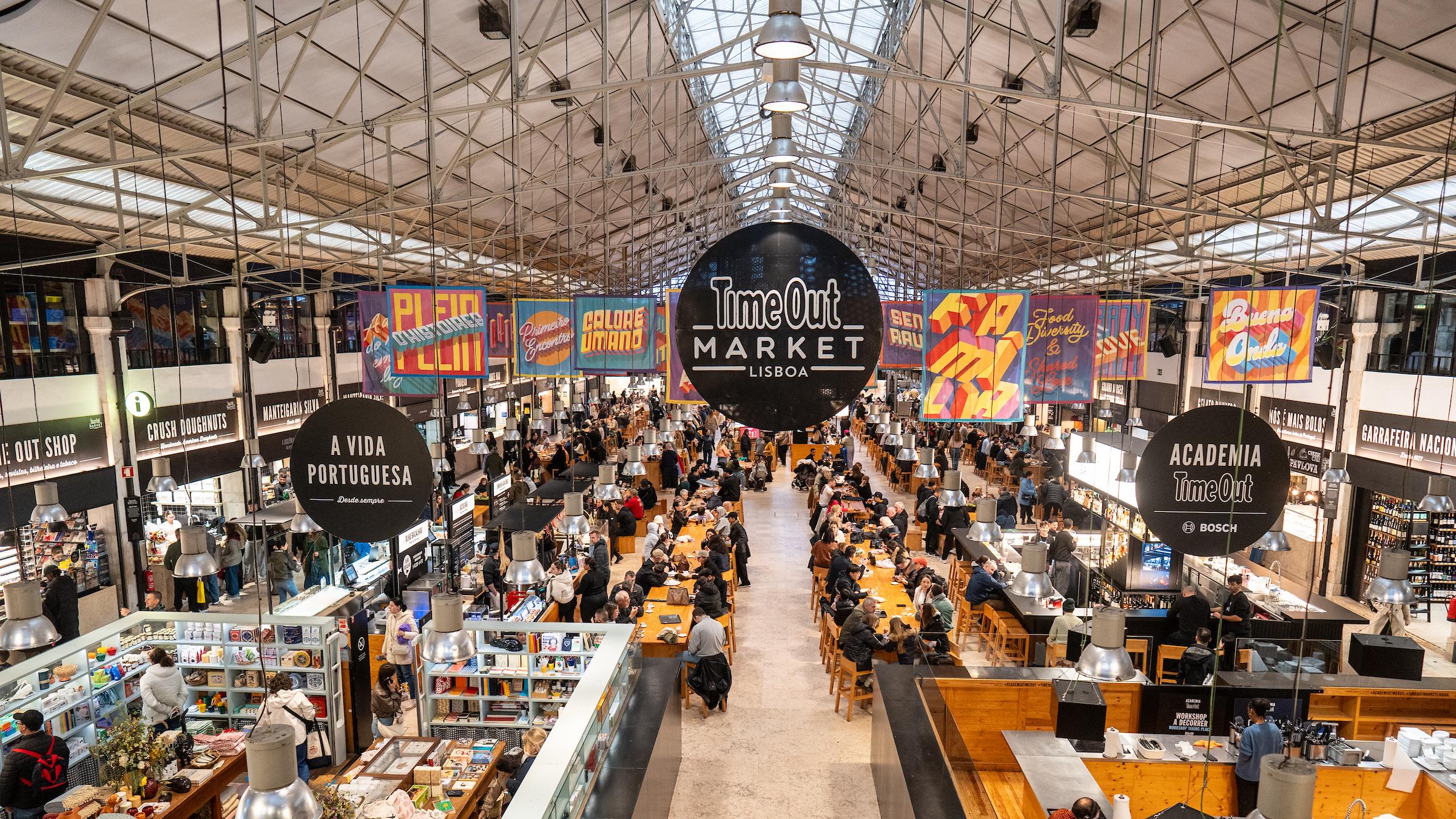 This is a wide shot of an indoor food market